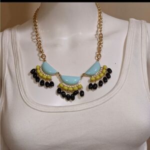 Vintage blue, lt lime green black stone tassel & rhinestone statement necklace